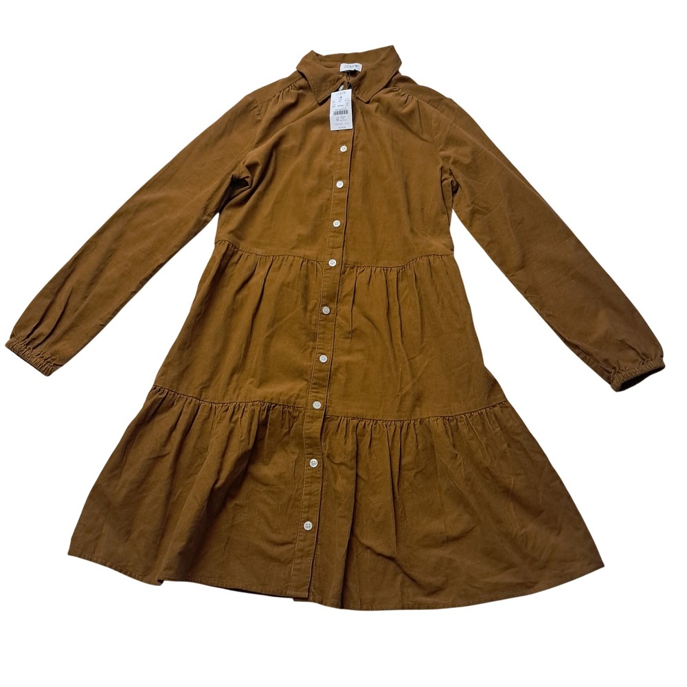 NWT J. Crew‎ Factory Corduroy Mini Dress Womens 00 Brown Tiered Fall Casual